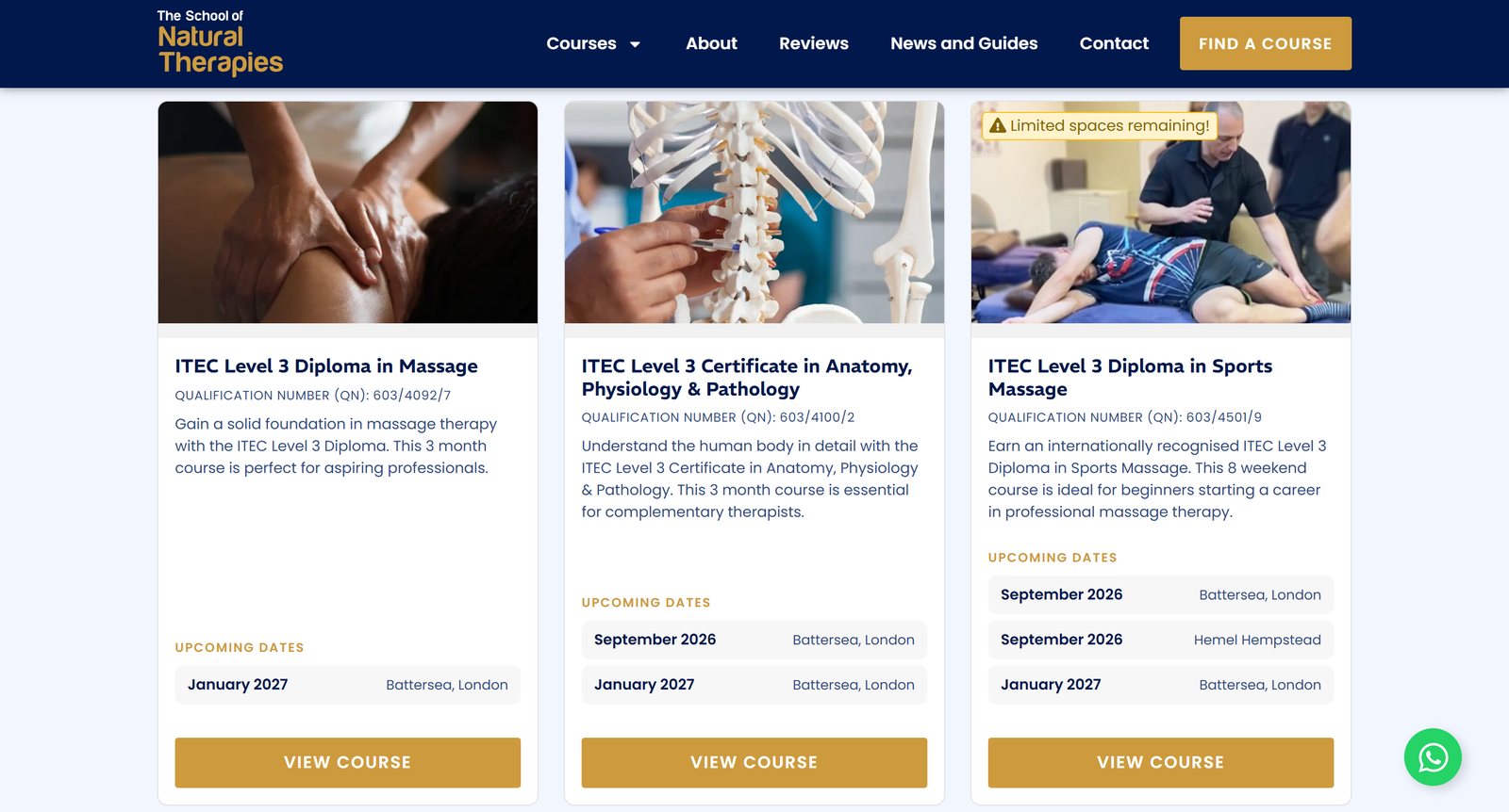 The School of Natural Therapies course listing after the rebuild: each course a card with a summary, its qualification number, upcoming dates and locations, and a single clear action.