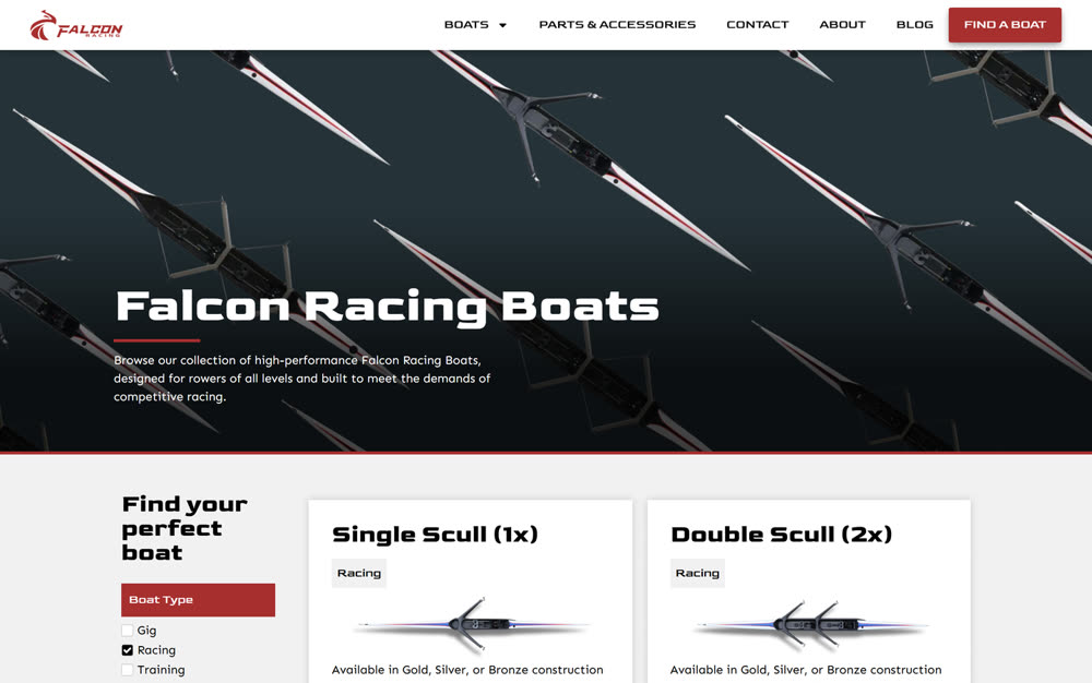 The Falcon Racing Boats website, shown at the top of the home page.